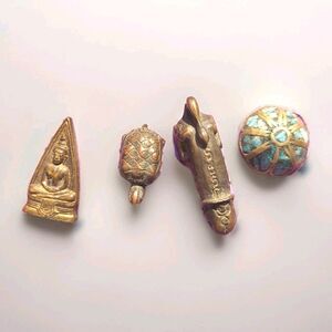 Vintage Thai Handmade Brass Turtle Buddha Palad Khik Spiritual Amulet and Button